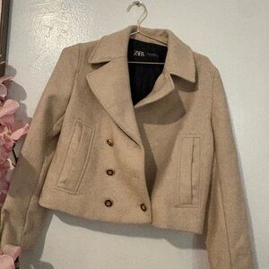 Zara Women's Beige Double-Breasted Pea Coat